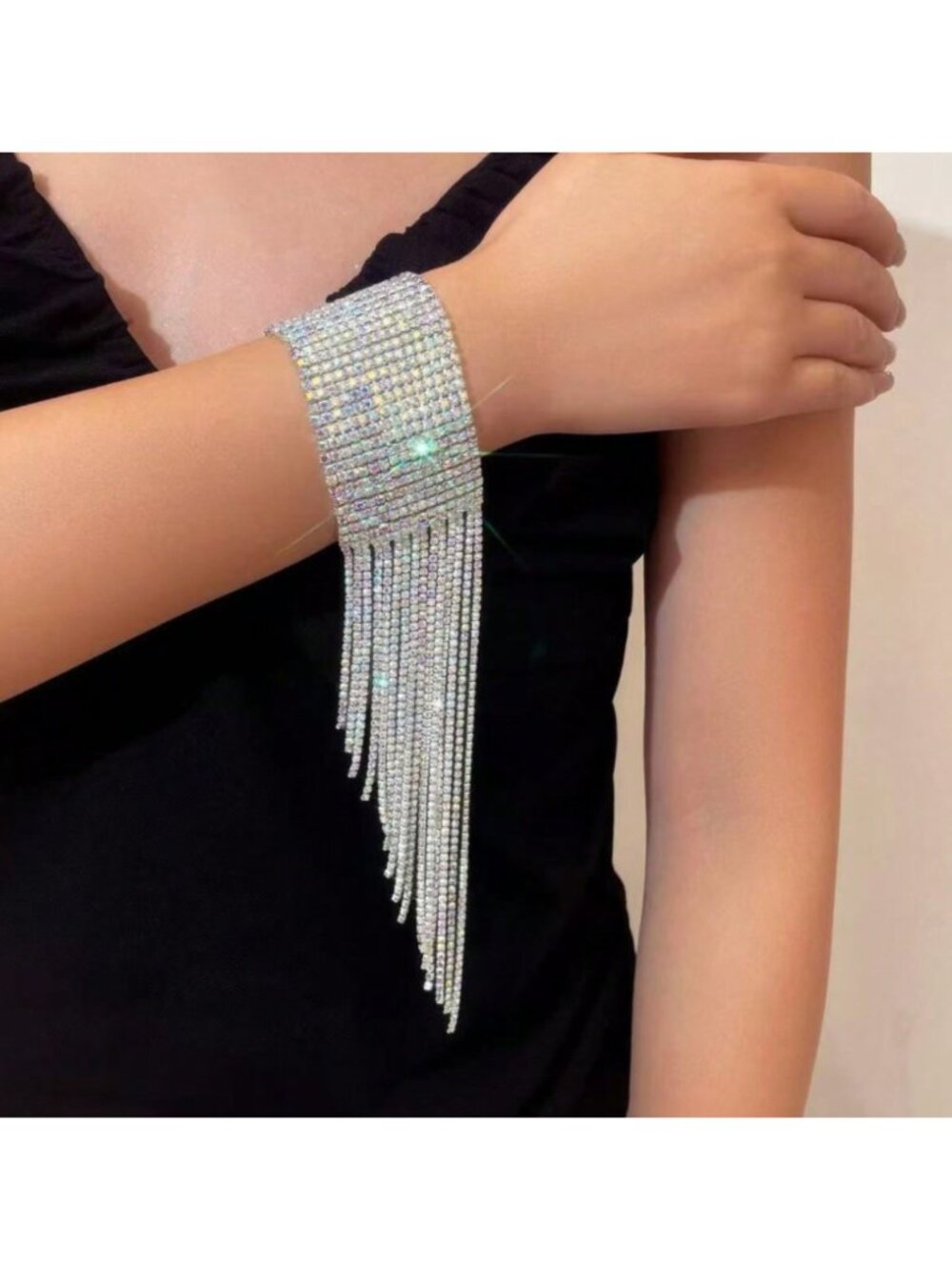 Glam Silver Crystal Tassel Bracelet – 11" Statement Fringe Cuff for Women
